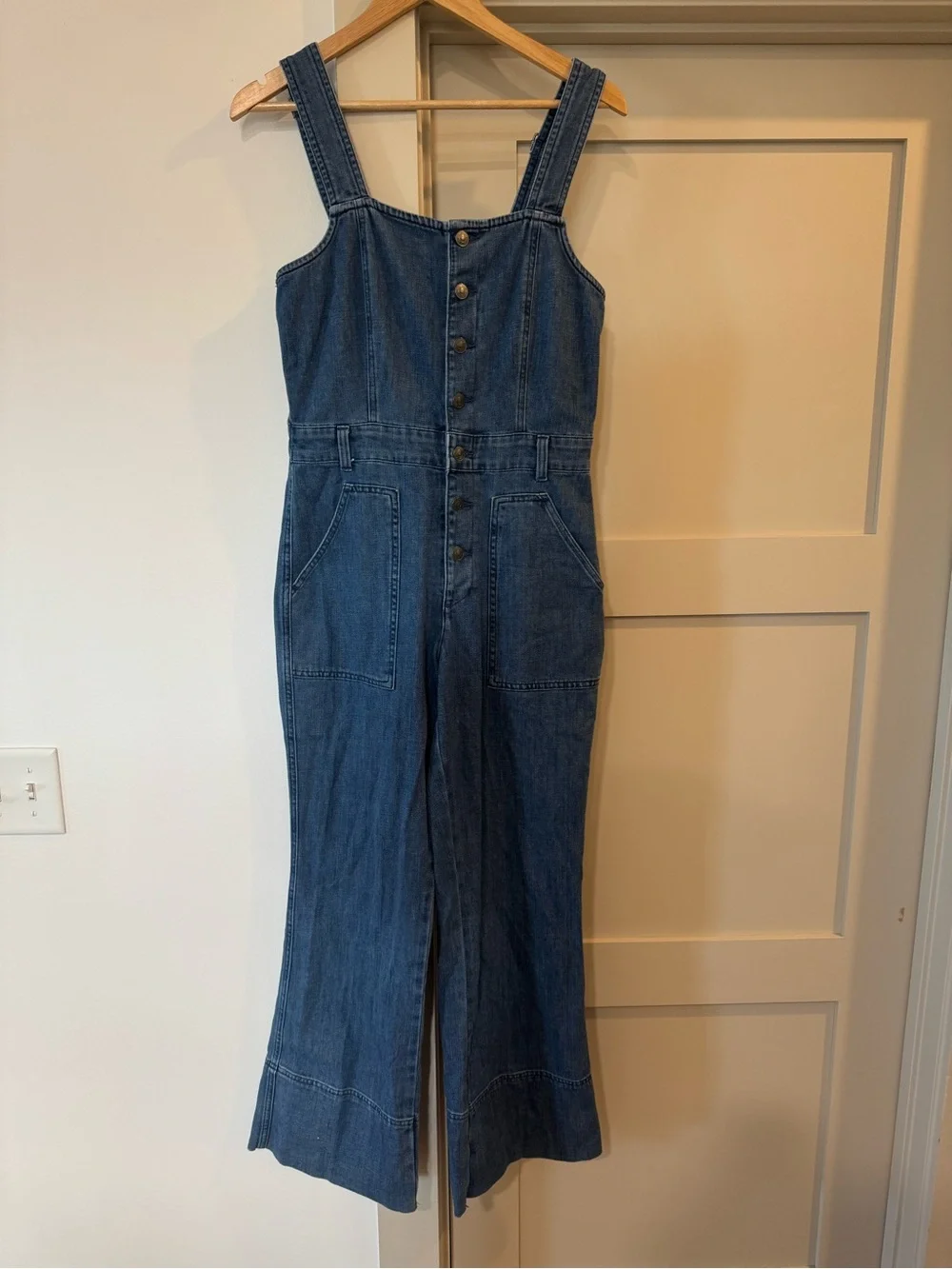 Aerie Denim Button-Front Wide-Leg Overalls - Blue